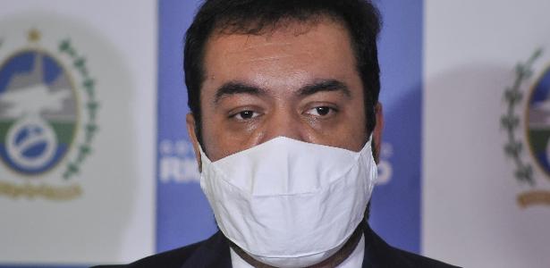 O governador em exercício do Rio de Janeiro, Cláudio Castro (PSC), em coletiva no Palácio Guanabara