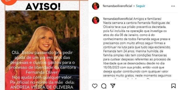 Pedido de vaquinha da cantora gospel Fernanda Ôliver