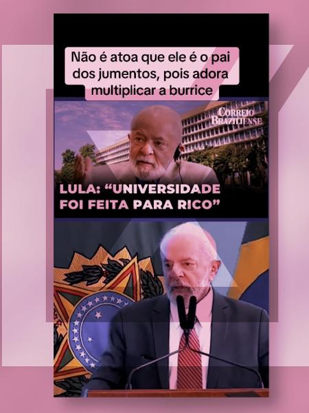 03.jul.2024 - O vídeo usa um trecho de um discurso real de Lula, proferido em junho de 2024, mas engana ao colocar o petista na condição de quem defende a universidade somente para ricos