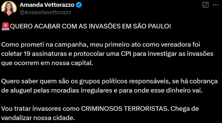 Amanda Vettorazzo "deu satisfações" nas redes sociais sobre a sua atuação contra a esquerda 