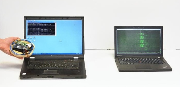 À esquerda, sistema de rádio disfarçado com pão sírio; à direita, um notebook mostrando o espectrograma, que pode fornecer detalhes sobre o que é feito no laptop da esquerda - Reprodução/Universidade de Tel Aviv