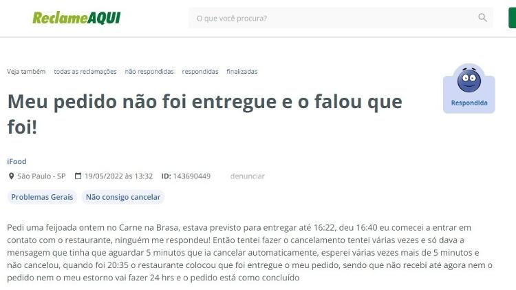 Reclamação ifood - Reprodução/ Reclame Aqui - Reprodução/ Reclame Aqui
