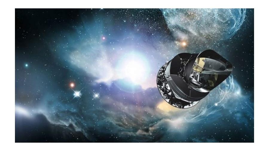 Impressão artística da espaçonave Planck da Agência Espacial Europeia, cuja principal missão é estudar a radiação cósmica de fundo em micro-ondas (CMB), relacionada ao Big Bang - ESA