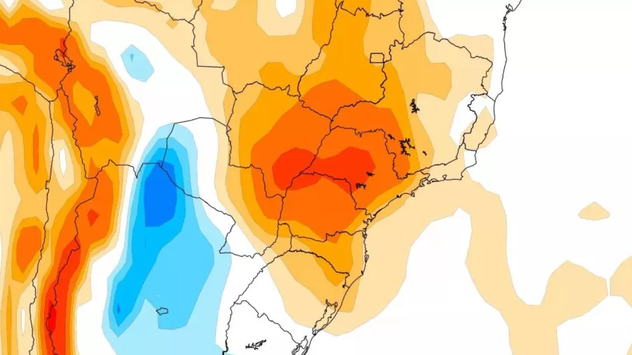 mapa mostra tendencia de temperatura no centro sul do brasil entre os dias 17 de julho e 1 de agosto - Há um ano geava em MS: o que explica o calor de 33°C em pleno inverno?