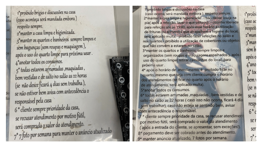 Em folhetos encontrados nos quartos da casa em Praia Grande (SP), estavam escritas as "regras de convivência", com sanções e penalidades - Divulgação/Polícia Civil