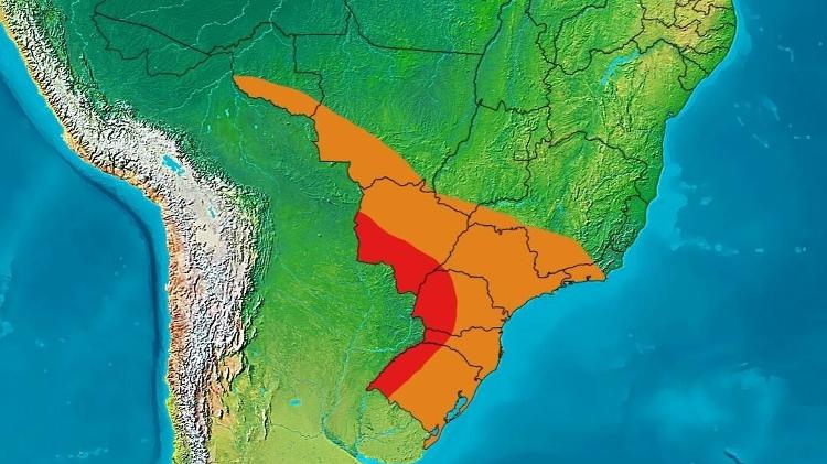 Mapa da Climatempo mostra onde temperaturas devem subir mais: 5ºC acima da média, em vermelho; 3ºC a 5ºC acima da média, em laranja