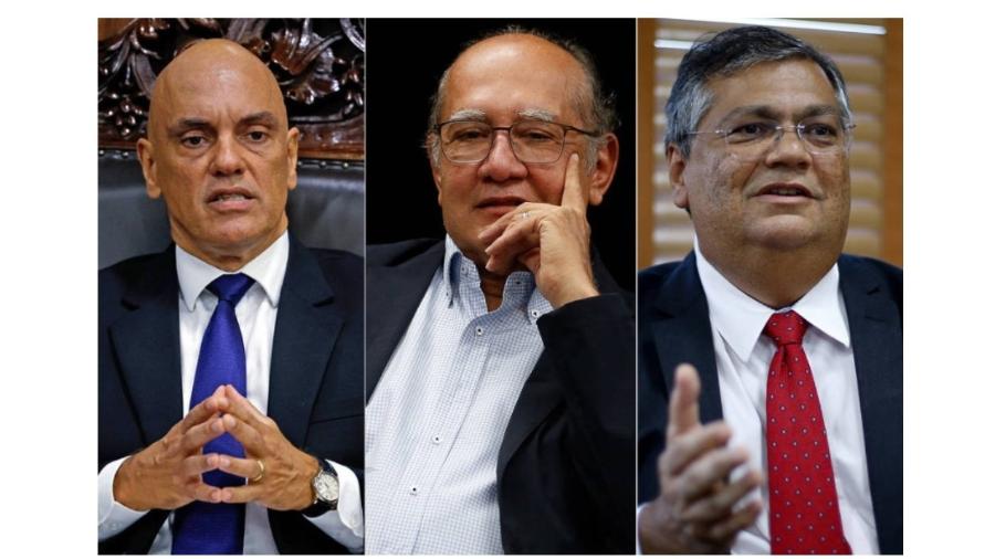 Os ministros Alexandre de Moraes, Gilmar Mendes e Flávio Dino