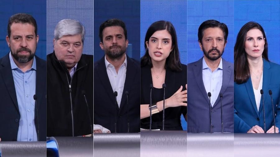 Candidatos à Prefeitura de São Paulo: da esquerda para a direita, Guilherme Boulos, José Luiz Datena, Pablo Marçal, Tabata Amaral, Ricardo Nunes e Marina Helena - Divulgação/SBT