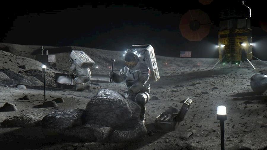 Arte com exemplo de astronautas explorando a Lua - Nasa