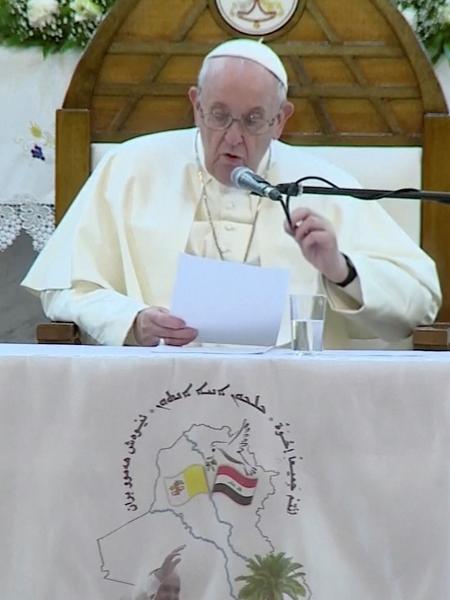 05.mar.2021 - Papa Francisco faz seu primeiro discurso em Bagdá, no Iraque - Iraqiya TV/Reuters