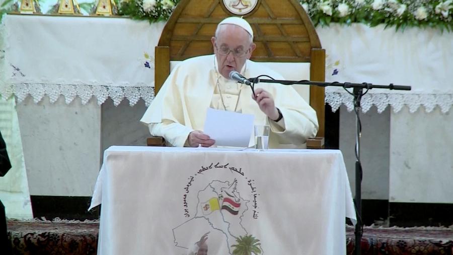 Papa Francisco fez seu primeiro discurso em Bagdá, no Iraque, pedindo o fim do extremismo no país - Iraqiya TV/Reuters
