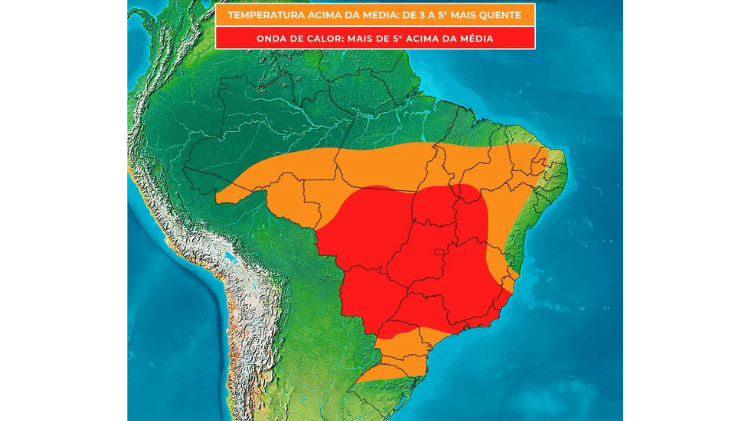 Mapa produzido pelo Climatempo mostra onde temperatura deve subir mais em novembro; área em vermelho indica temperatura 5º C acima do normal e área em laranja, de 3º C a 5º C acima do normal