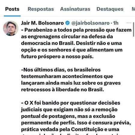 Post do ex-presidente Jair Bolsonaro no X