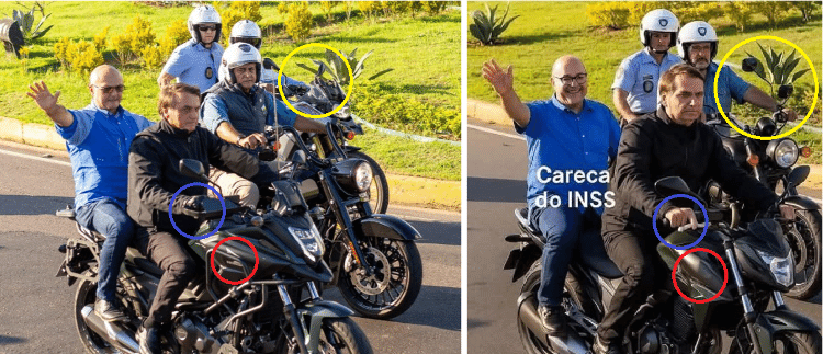 Em comparação com foto real (e), imagem usada em posts enganosos (d) tem dedo distorcido de Bolsonaro (azul), ausência de logotipo da Honda (vermelho) e terceiro retrovisor em moto (amarelo) Em comparação com foto real (e), imagem usada em posts enganosos (d) tem dedo distorcido de Bolsonaro (azul), ausência de logotipo da Honda (vermelho) e terceiro retrovisor em moto (amarelo)