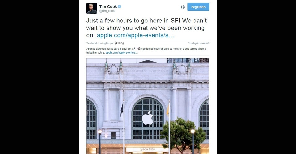 9.set.2015 - O diretor-executivo da Apple, Tim Cook, anunciou em sua conta no Twitter a proximidade da conferência anual da empresa, que será realizada às 10h (14h do horário de Brasília), em San Francisco. 