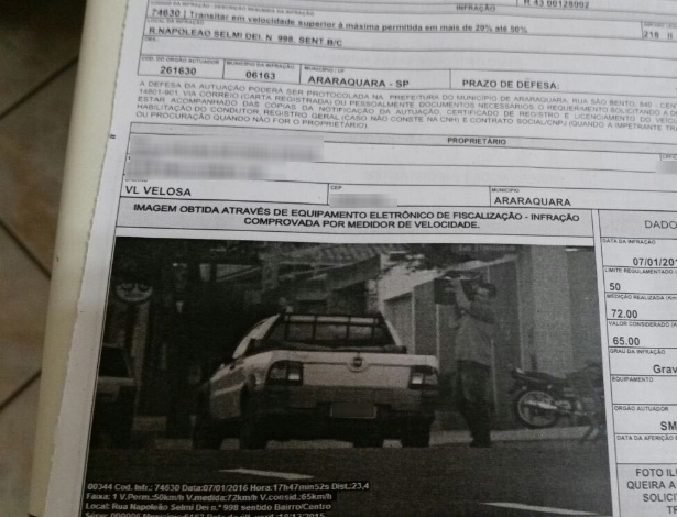 Multa de excesso de velocidade em Araraquara (SP) mostra, na verdade, que o carro estava estacionado com o motorista descarregando - Arquivo pessoal