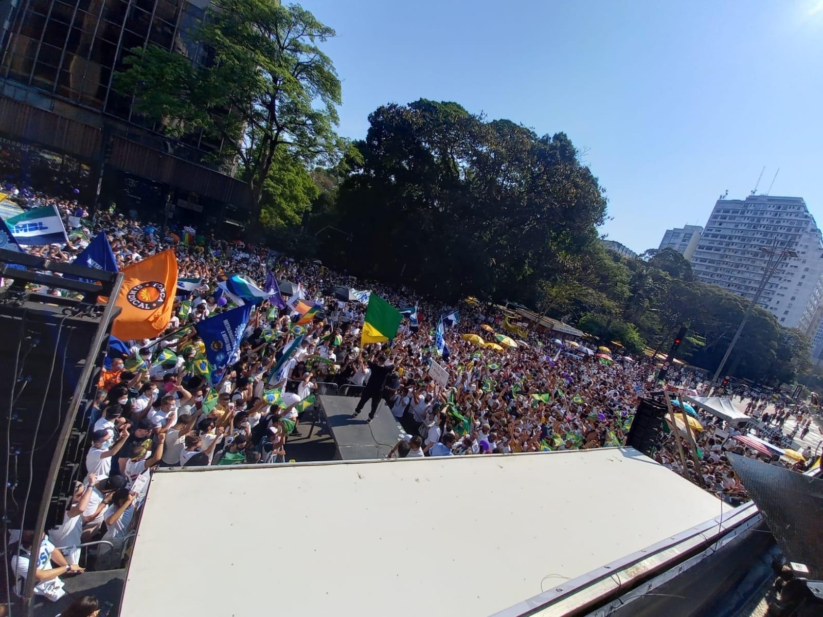Imagem aérea do público na avenida Paulista em ato convocado pelo MBL contra Bolsonaro - Juliana Arreguy/UOL