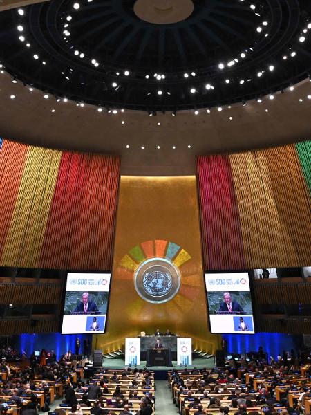 O secretário-geral das Nações Unidas, António Guterres, discursa em sessão de abertura de encontro da ONU em Nova York