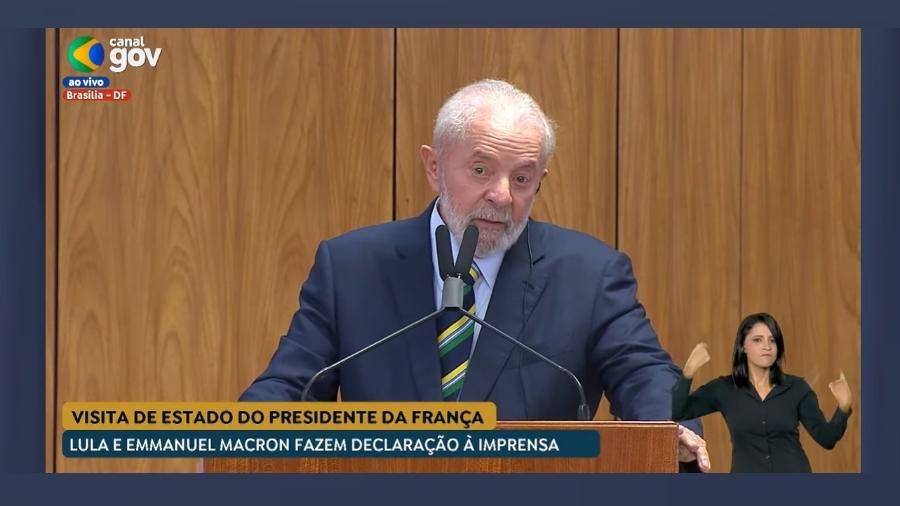 Lula nesta quinta, durante pronunciamento conjunto com Emmanuel Macron, presidente da França:  discurso sobre a Venezuela melhorou