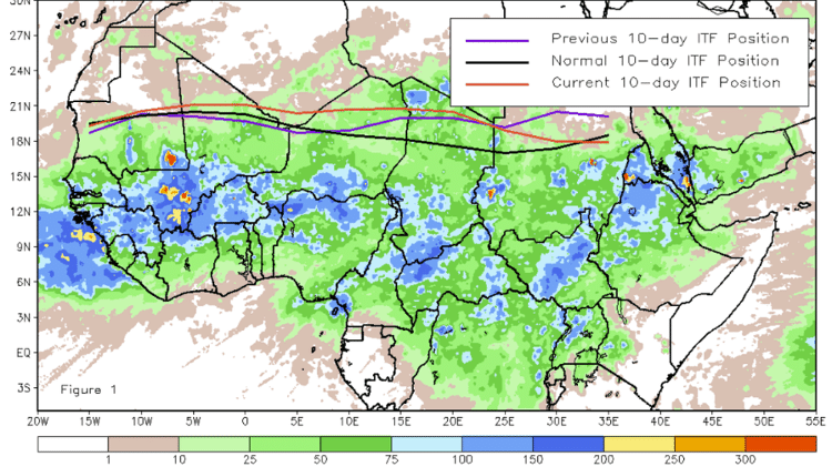 Movimentação da Zona de Convergência Intertropical (ITCZ, em inglês) tem sido atípica nos últimos meses. Na imagem, a linha vermelha mostra o posicionamento atual da zona; enquanto a preta indica a posição esperada para o mês de agosto