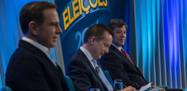 Os candidatos João Doria (PSDB), Celso Russomanno (PRB) e Fernando Haddad durante debate promovido pela TV Globo