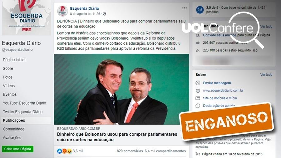22.ago.2019 -  Post no Facebook trata de forma enganosa destinação de recursos remanejados pelo governo Bolsonaro - Arte/UOL