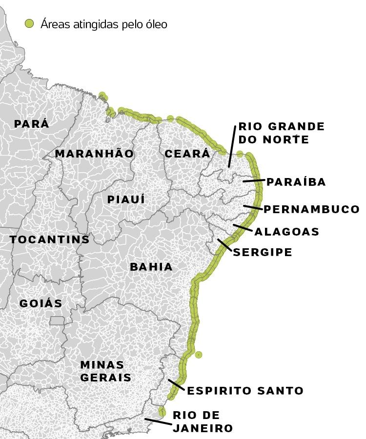 Mapa de lugares afetados pelo óleo