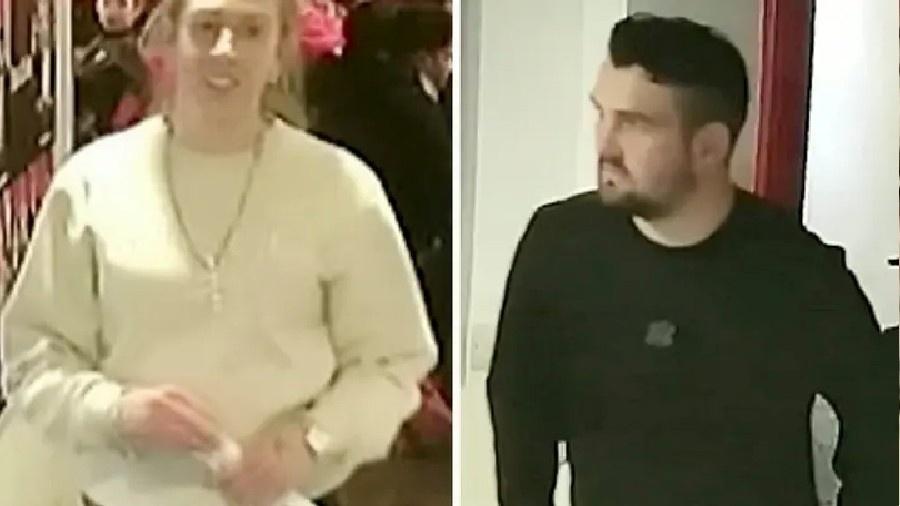 Imagem feita por circuito interno de TV mostra casal que fugiu de restaurante sem pagar a conta - Divulgação/Departamento de Polícia de Wiltshire