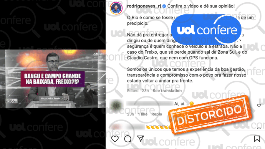 10.ago.2022 - Vídeo com resposta de Neves a Freixo em debate é montagem - Arte/UOL sobre Reprodução/Instagram