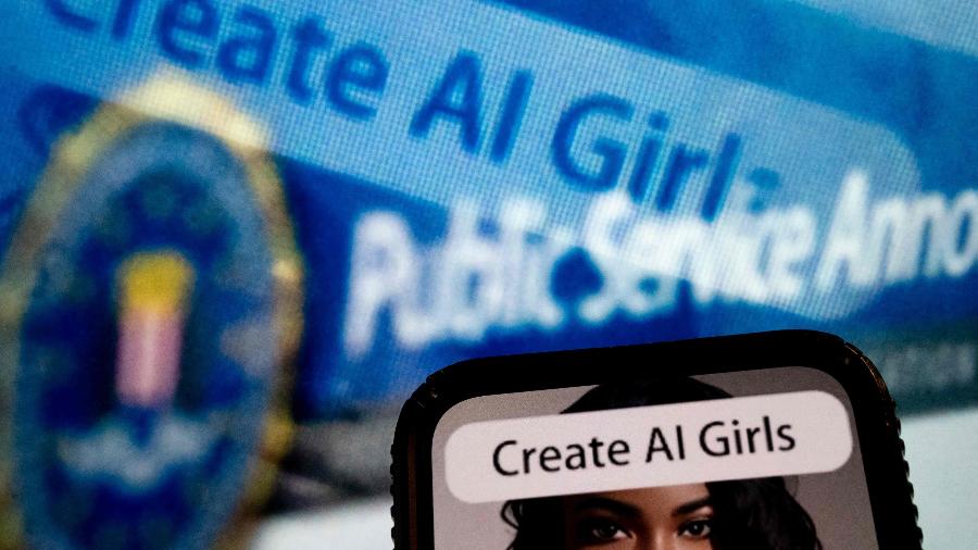 Ilustração mostra propaganda que diz "criar garotas em IA"; fotos de mulheres digitalmente manipuladas tem aumentado casos de extorsão - Stefani Reynold/AFP