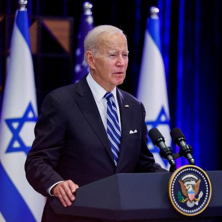 18.out.2023 - O presidente dos EUA, Joe Biden, em pronunciamento durante visita a Tel Aviv, em Israel