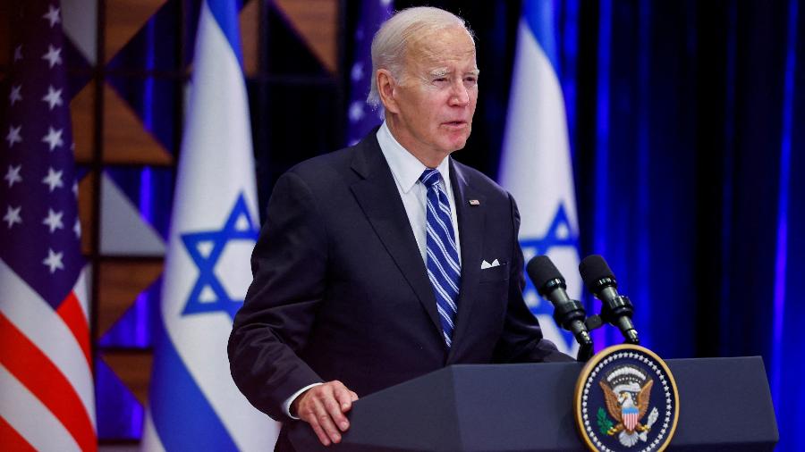 18.out.2023 - O presidente dos EUA, Joe Biden, em pronunciamento durante visita a Tel Aviv, em Israel