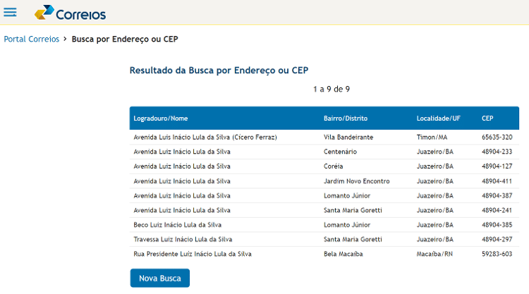 Site dos Correios exibe nove CEPs com o nome de Lula