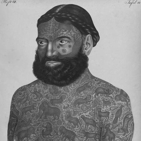 Retrato do greco-albanês George Costentenus, artista circense que rodou o mundo exibindo seu corpo tatuado - Divulgação - Editora Veneta - Divulgação - Editora Veneta