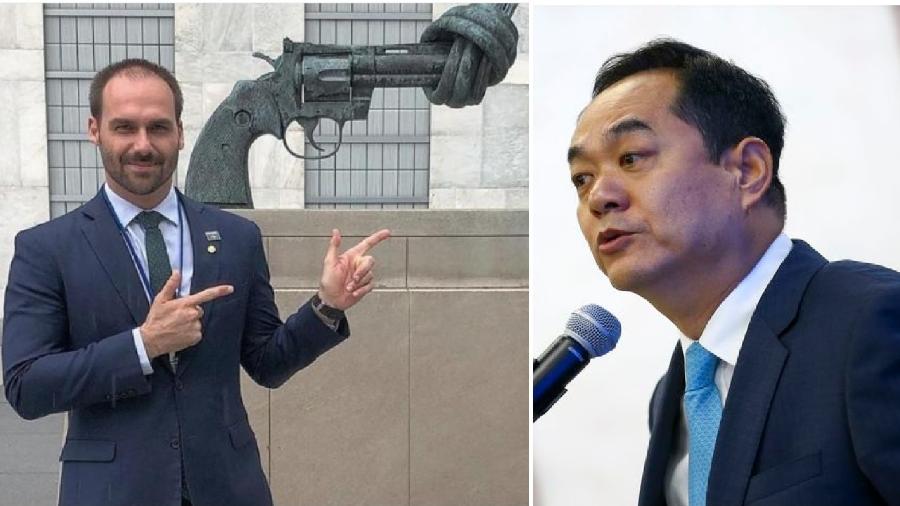 Fotos de Eduardo Bolsonaro fazendo arma com a mão e de Yang Wanming, embaixador da China no Brasil - Reprodução/Instagram e Marcelo Camargo/Agência Brasil