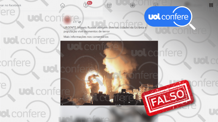 24.fev.2022 - Foto de explosão em Gaza circula nas redes sociais como se mostrasse ataque russo à Ucrânia - Arte/UOL sobre Reprodução/Facebook