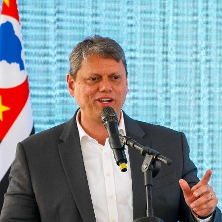 7.mar.2024 - O governador de São Paulo, Tarcísio de Freitas, discursa durante visita do primeiro-ministro da Espanha, Pedro Sánchez