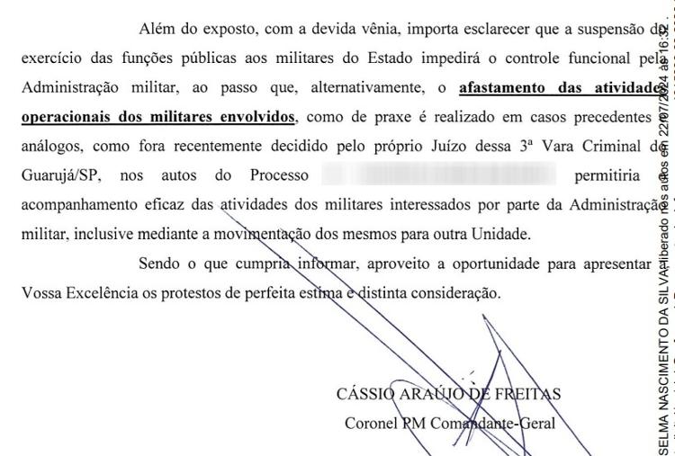 Ofício enviado pelo comandante-geral da PM a juiz que tornou réus dois PMs da Rota por homicídio e fraude processual na primeira das 28 mortes cometidas por policiais na Operação Escudo