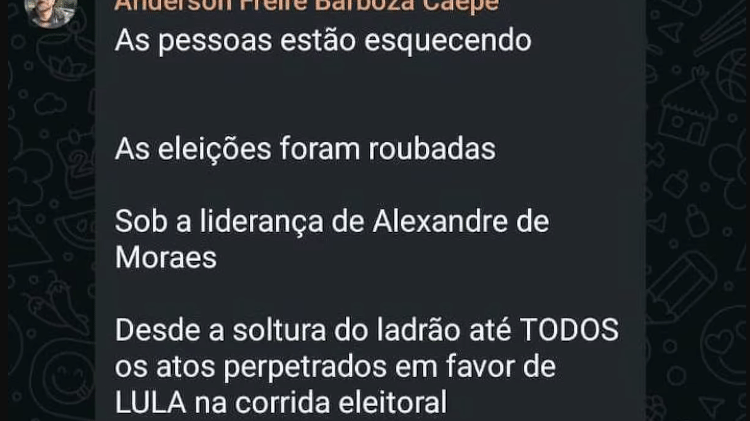 Coronel Anderson Freire Barboza disse que as eleições de 2022 foram "roubadas sob a liderança de Alexandre de Moraes" 