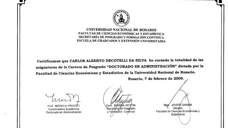 MEC diz que Decotelli concluiu créditos necessários para doutorado na Universidade de Rosário e apresenta certificado emitido pela instituição - Reprodução - Reprodução