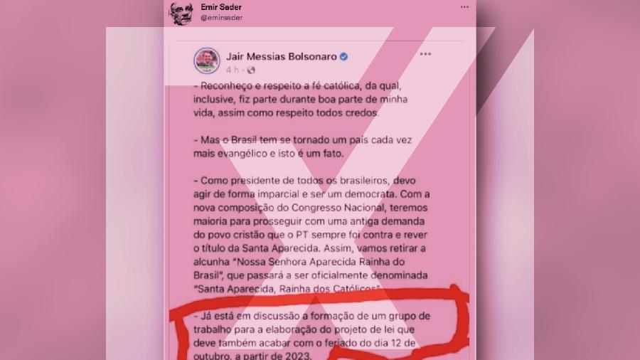 09.out.2022 - Bolsonaro não postou no Facebook que vai acabar com feriado de 12 de outubro - Projeto Comprova