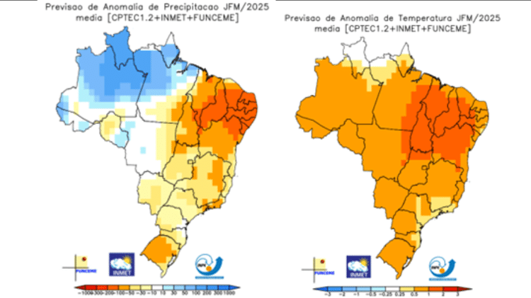 Ilustrações indicam prognóstico climático de verão: à esquerda, a previsão para as chuvas; à direita, a previsão para as temperaturas entre janeiro, fevereiro e março de 2025