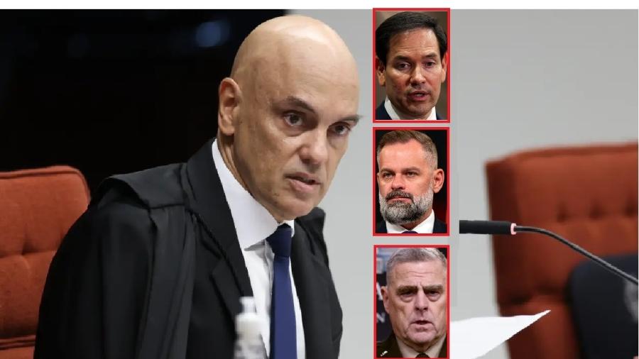 Alexandre de Moraes e, de cima para baixo, Marco Rubio, Cory Lee Mills e Mark Milley. O que fazem essas personagens sobrepostas à foto do ministro do Supremo, relator da ação penal que deve punir os golpistas? Alexandre de Moraes e, de cima para baixo, Marco Rubio, Cory Lee Mills e Mark Milley. O que fazem essas personagens sobrepostas à foto do ministro do Supremo, relator da ação penal que deve punir os golpistas?