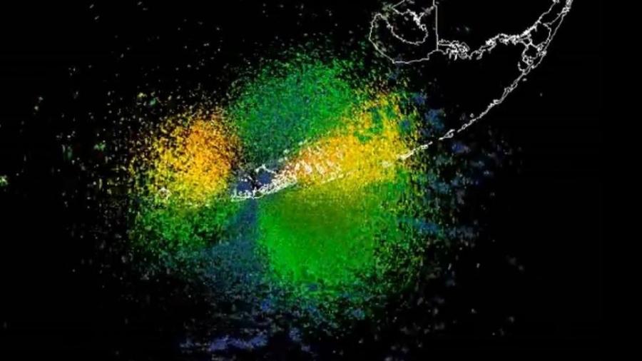 Radar na Flórida detectou pássaros (em verde e amarelo) voando a 3 mil pés - Serviço Meteorológico Nacional/EUA