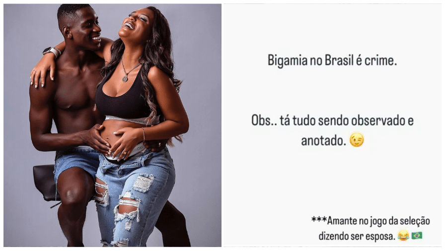 O jogador Luiz Henrique e Carolina, ainda grávida da filha do casal; e o post que o acusou de bigamia - Reprodução/Redes Sociais