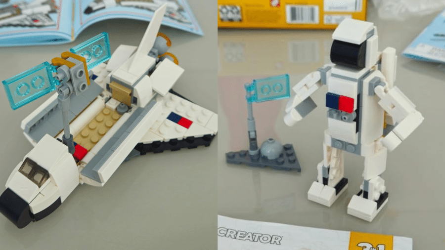 Conjunto 3 em 1 permite montar astronauta, nave e ônibus espacial Conjunto 3 em 1 permite montar astronauta, nave e ônibus espacial