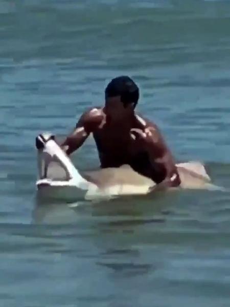 Banhista foi filmado em contato direto com tubarão na costa banhada pelo Oceano Atlântico - Reprodução/Twitter