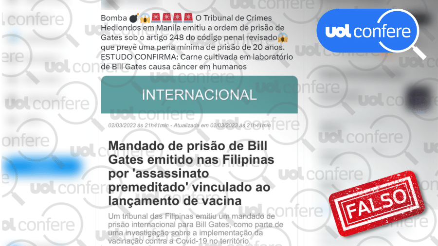 13.mar.2023 - Alegação publicada nas redes sociais afirma falsamente que o Tribunal de Crimes Hediondos de Manila teria emitido madado de prisão para Bill Gates - Arte/UOL sobre Reprodução/Twitter