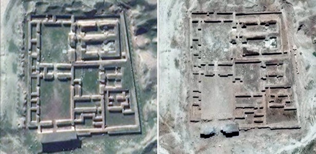Imagens de satélite mostram antes e depois do tempo de Nabu, na antiga cidade arqueológica de Nimrud, no norte do Iraque, destruído em ataque do EI - AFP