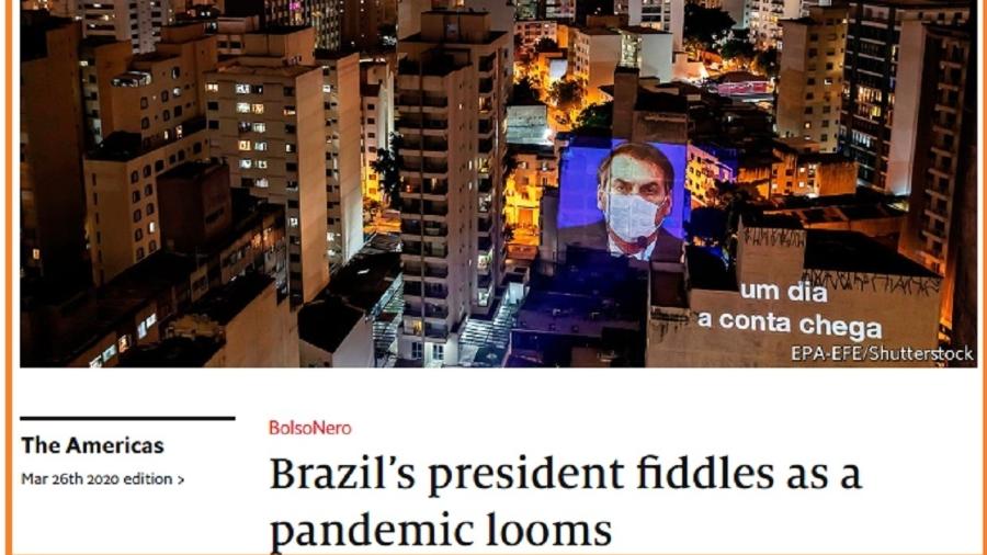 Imagem de parte de artigo da revista "The Economist" em que Bolsonaro é chamado de "BolsoNero". Imprensa internacional faz chacota do presidente brasileiro, tornado símbolo de negacionismo estúpido no que respeita ao coronavírus - Reprodução
